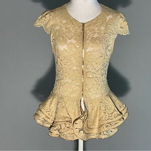 Oh Yes! Cream Lace Top, Layered Peplum Skirt Trimmed in Gold Zippers Cap Sleeves